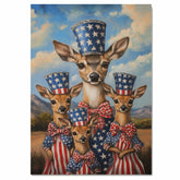 Mother Deer and Three Fawns in Patriotic Outfits with American Flag Hats on Ready to Hang 1.5" Thick Canvas Wrap, Floating Framed Canvas, Flat Rolled Canvas
